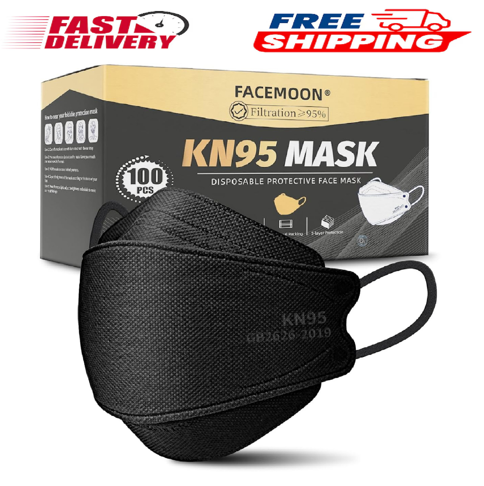 KN95 Face Mask Disposable Adults – 100 Pack 5 Layer Protection Adjustable KN95