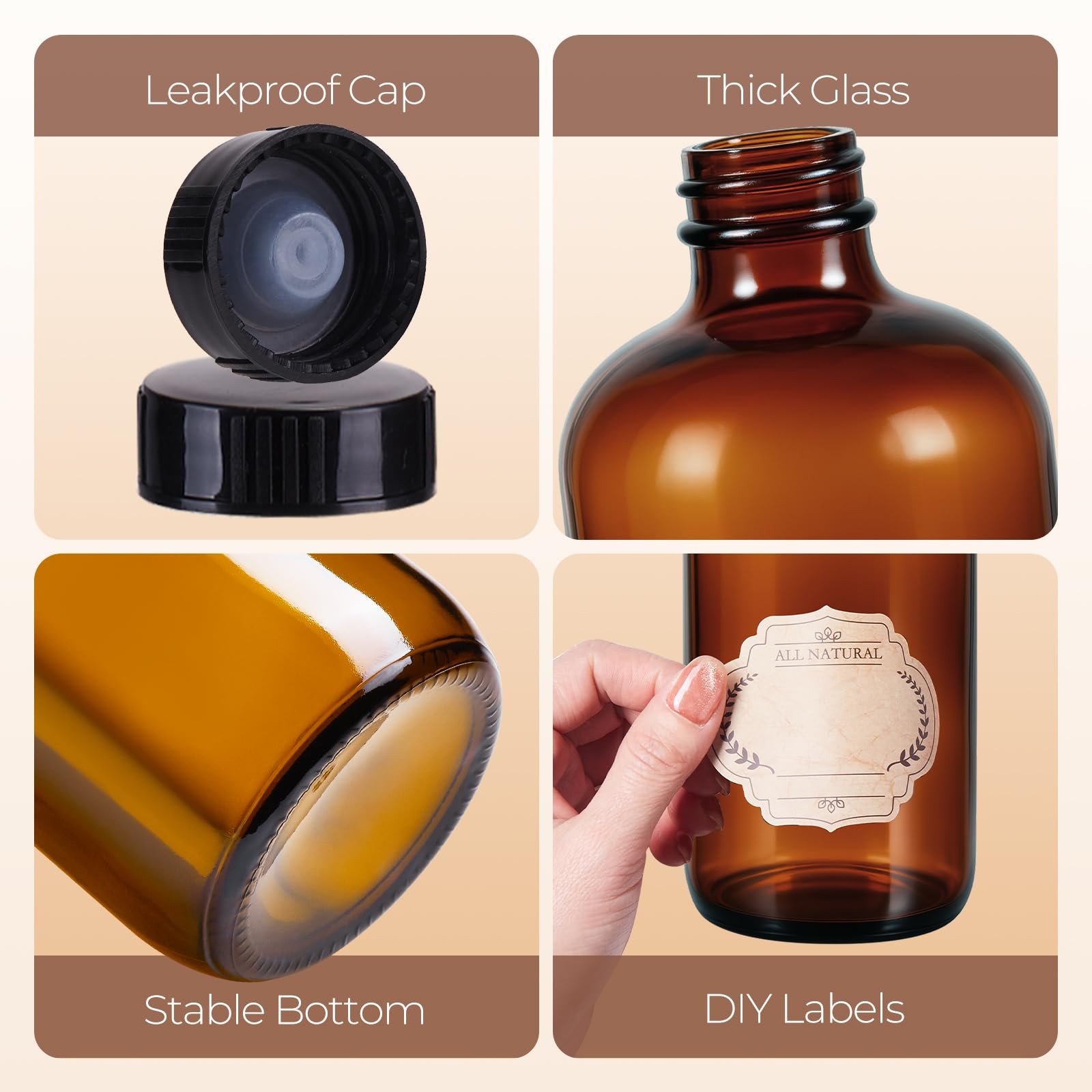 3 Pack,16 OZ Amber Glass Bottles Boston Round Sample Refillable