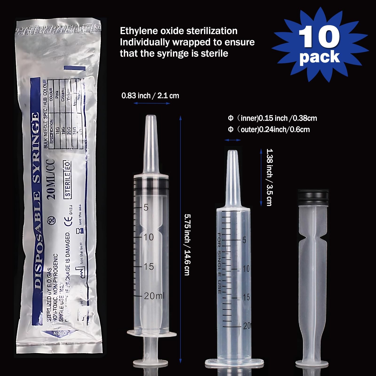 20ml Syringe with Cap, 10 Pack Large Plastic Syringes 20ml-10pcs, transparent
