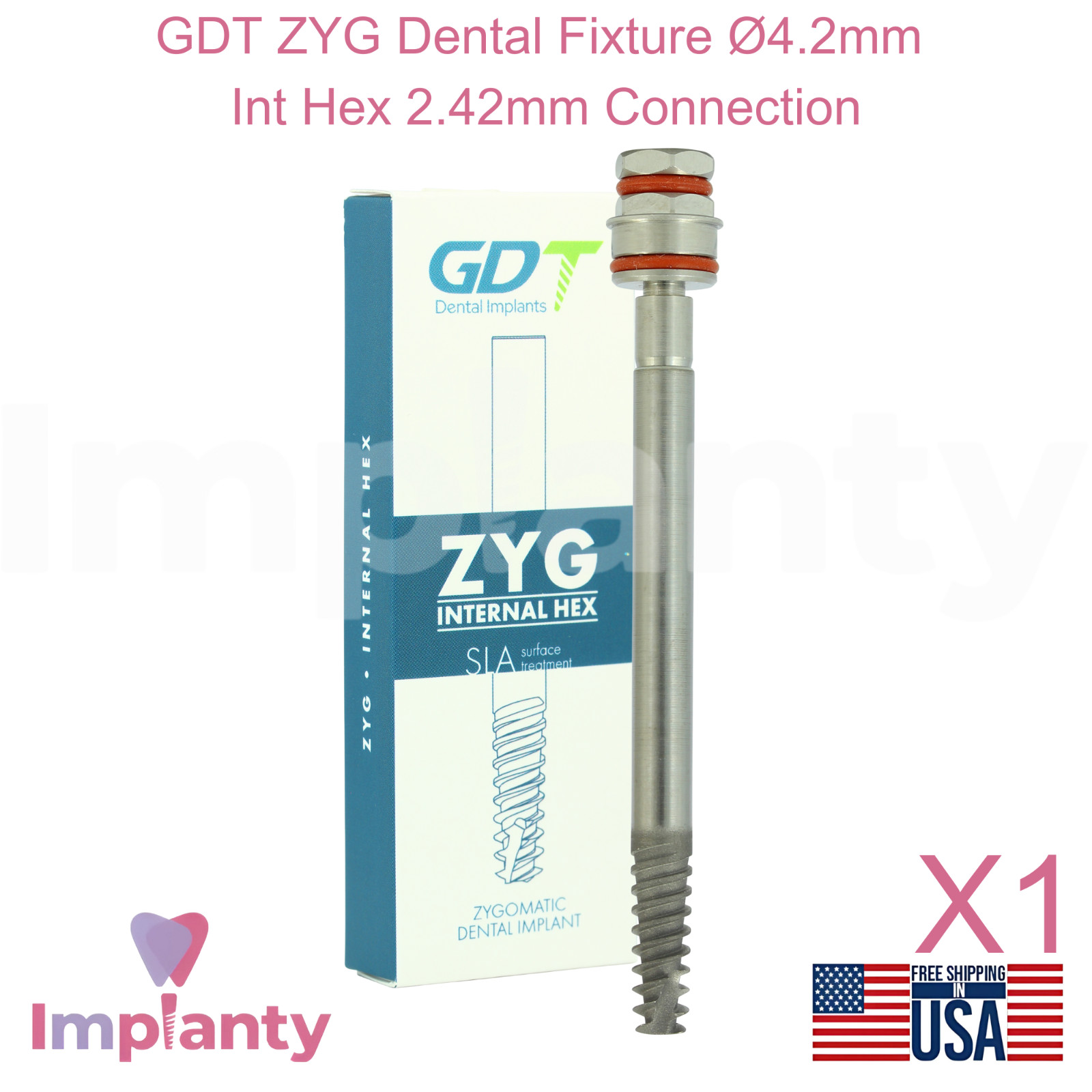 GDT ZYG Dental Fixture Ø4.2mm Diameter Titanium Int Hex 2.42mm Connection