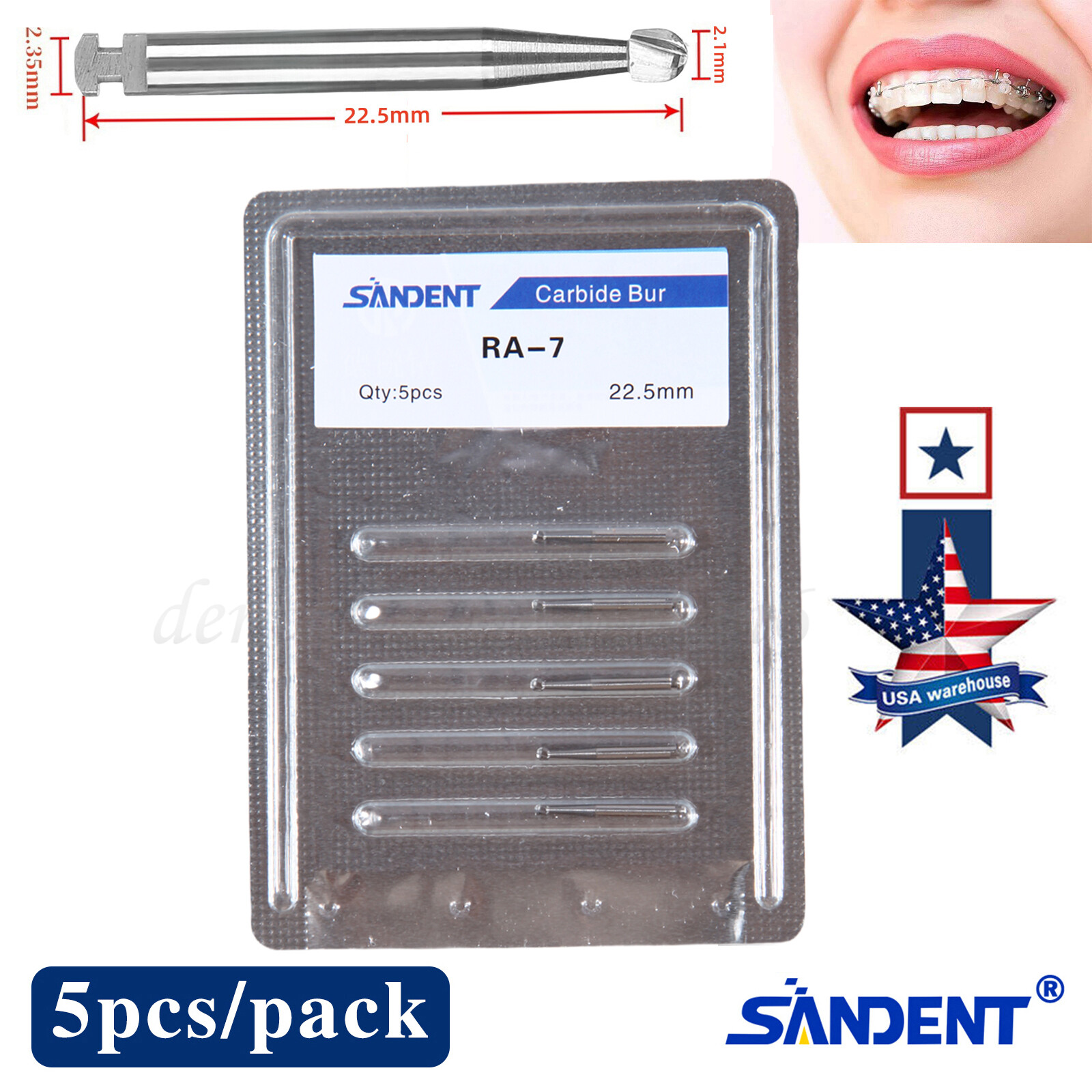 5 pieces Dental 22.5mm Round Carbide Bur Slow Speed Latch Type RA7 Burs USA