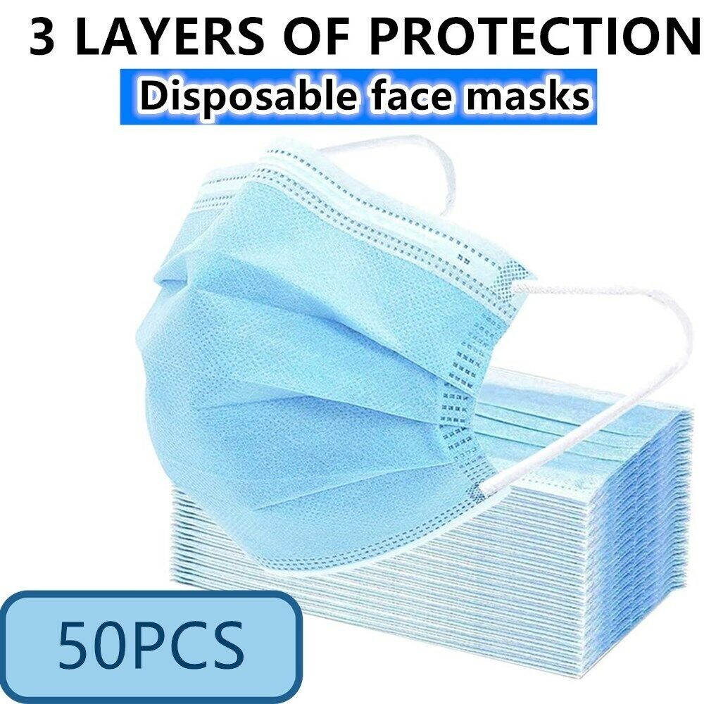 Disposable Face Masks (50pc) 3-Layers, Ear Loop Type, Blue. Free Shipping