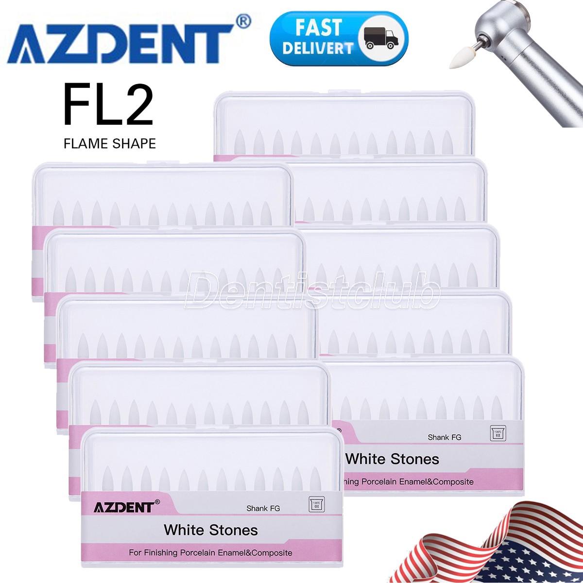 10 Packs AZDENT Dental FG Polishing Burs White Stone Flame Mounted Abrasion Burs