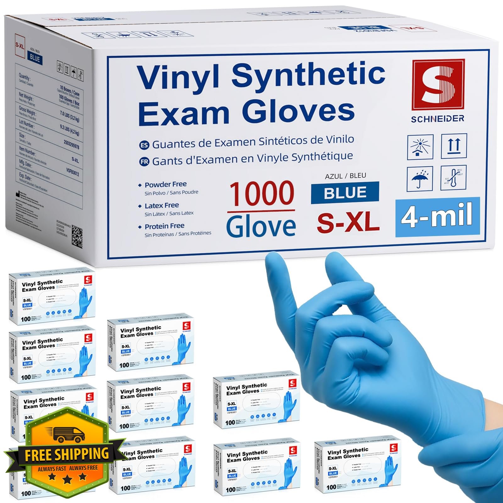 Schneider Blue Vinyl Exam Gloves 1000ct Small
