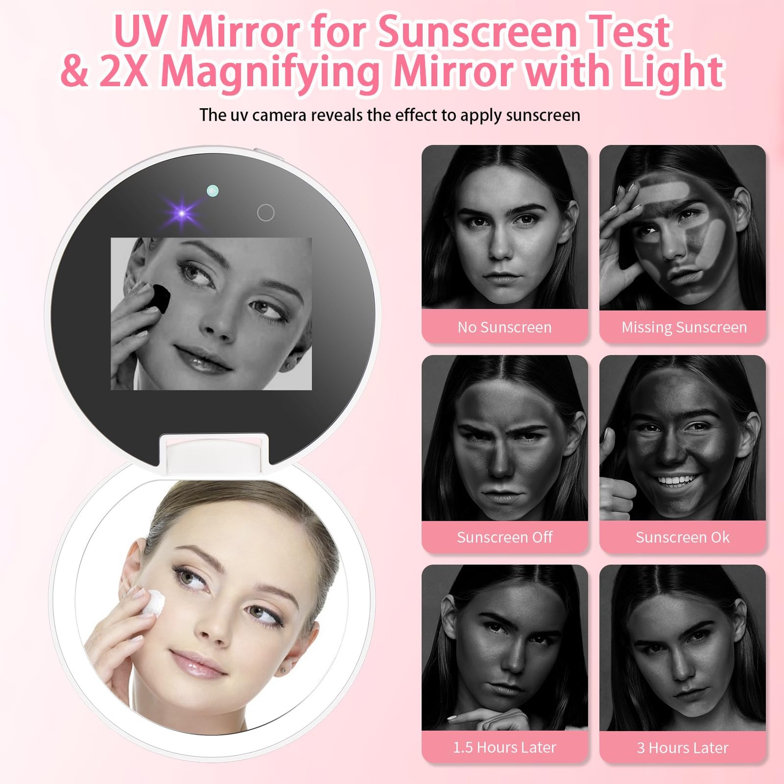 DESCHEN UV Camera Mirror for Sunscreen Test, 2X Makeup 3.8″L x 0.8″W, White