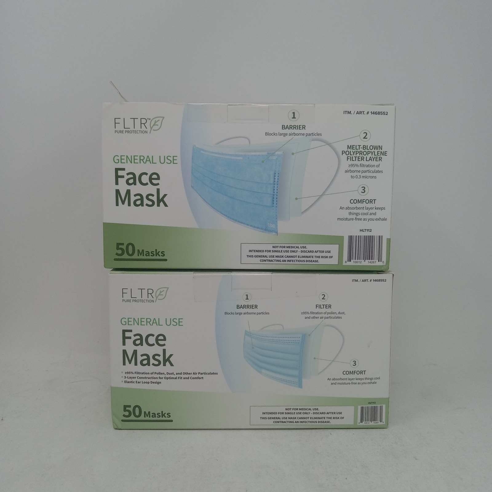 Face Mask FLTR General Use (Lot Of 2) 50 Ct. Each 3 Layer Construction Blue