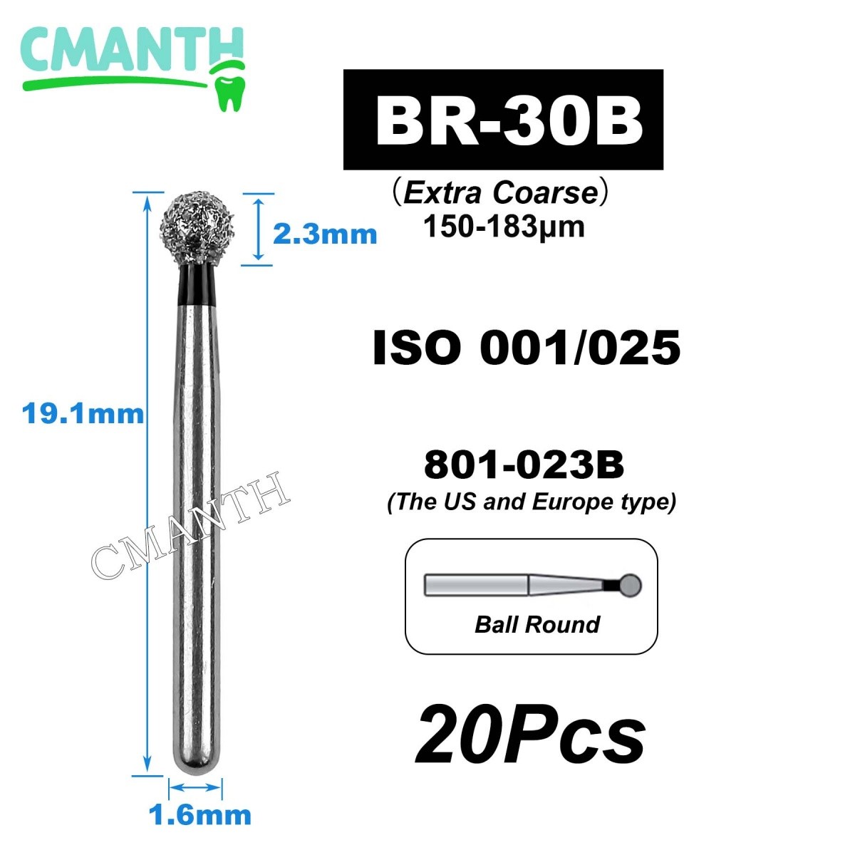 US BR Type Dental Diamond Burs Dentistry Strawberries High Speed Bur 1.6mm 20Pcs