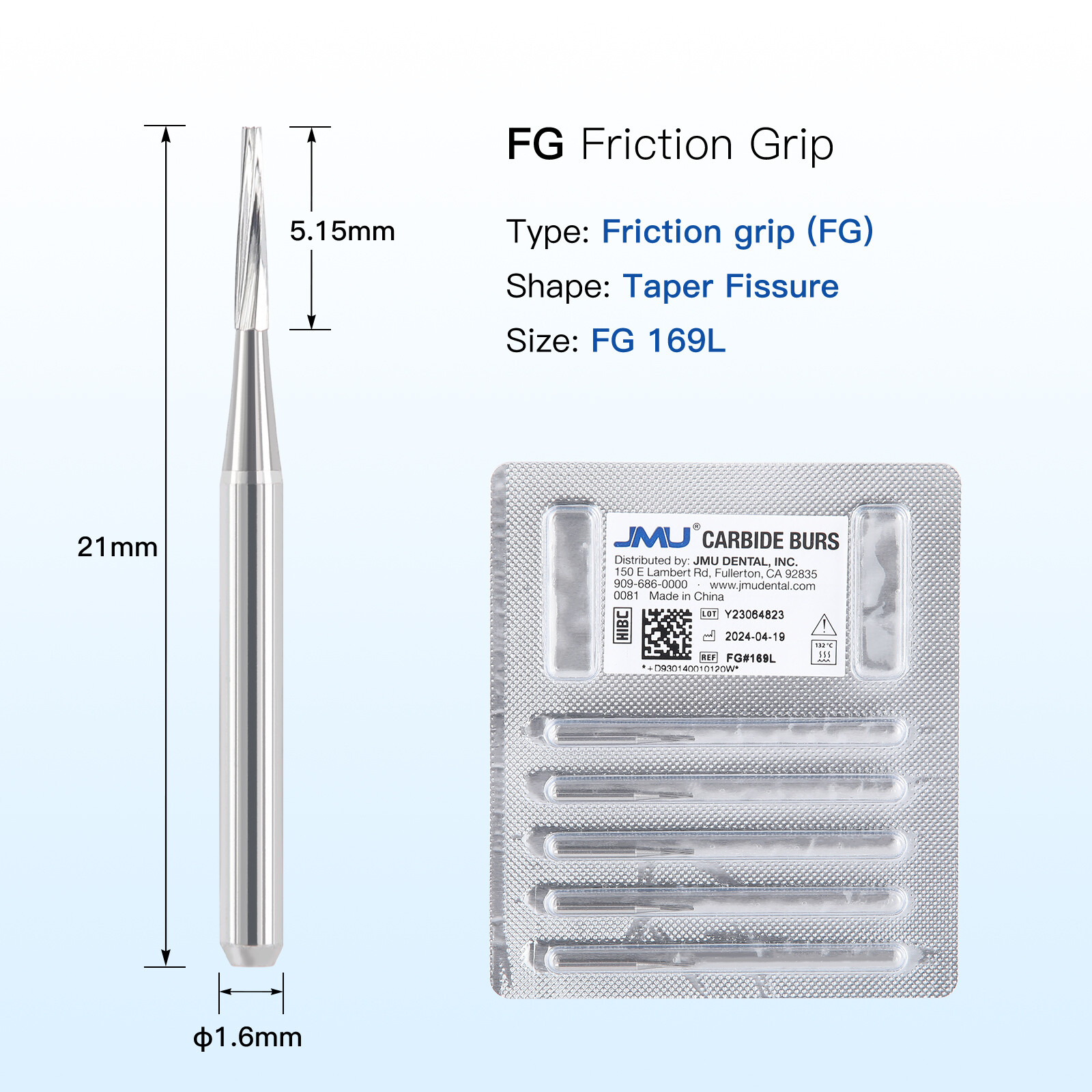 JMU Dental Taper Fissure Carbide Burs FG #169L Taper Fissure Long Head
