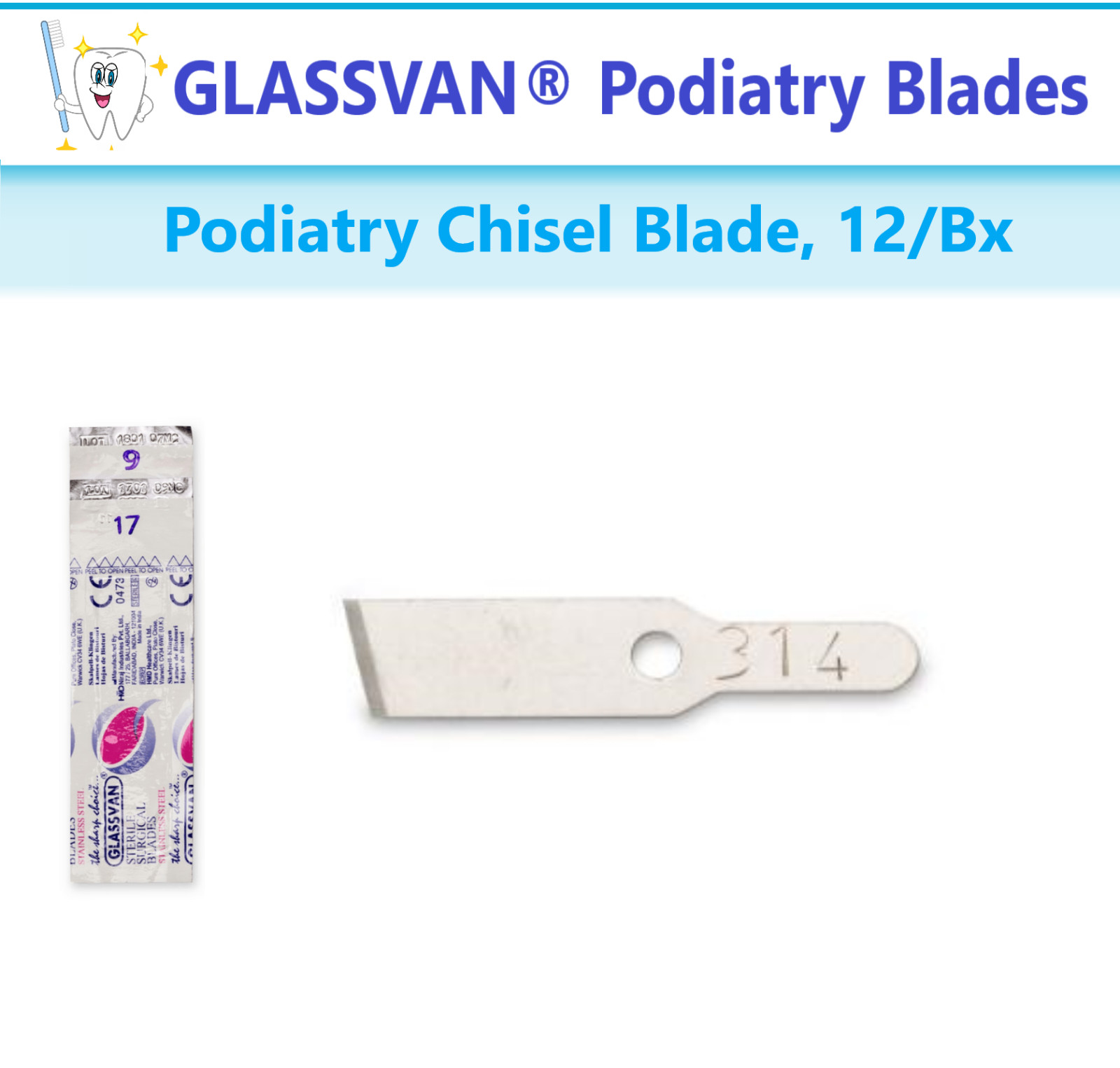 GLASSVAN® Podiatry Blades #9, #81, #88, #313, #314 Podiatry Chisel Blade, 12/Bx