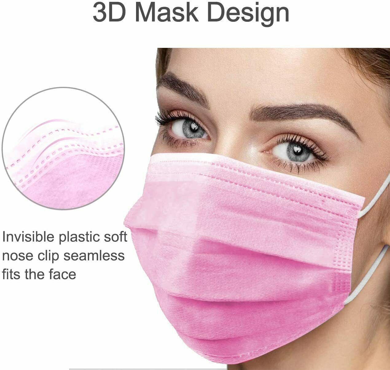100 Pcs Disposable Medical,Surgical,Dental 3-Layers Face Mask Mouth Cover Pink