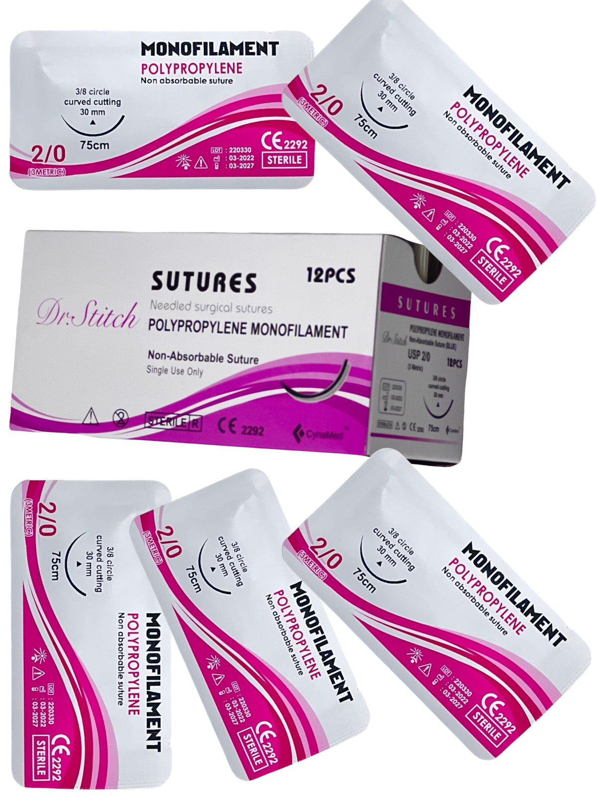 2/0 Polypropylene Sterile Training Suture Thread With Needle Sewing Box 12 PACK