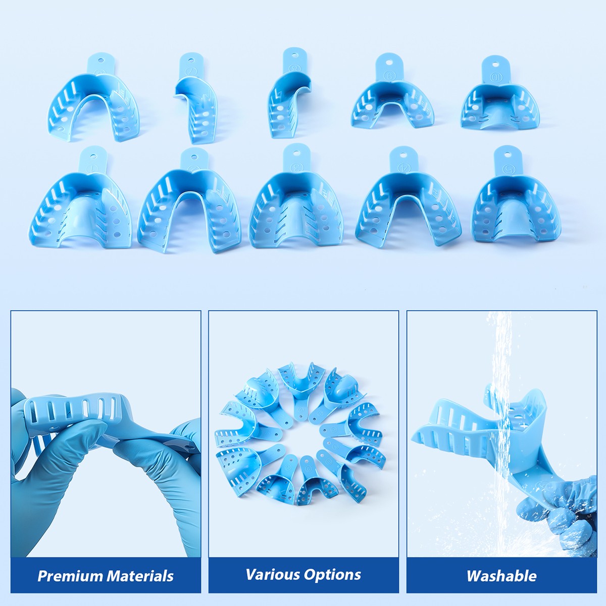 12Pcs Dental Impression Trays Perforated Plastic Denture trays Upper/Lower L/M/S