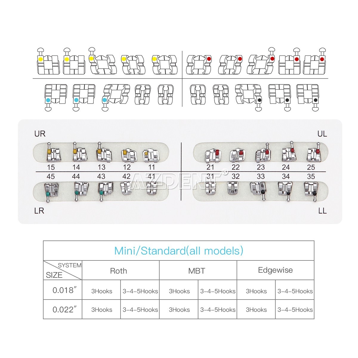 20 Packs AZDENT Dental Orthodontic Brackets Braces Standard Roth.022″ Hooks 345