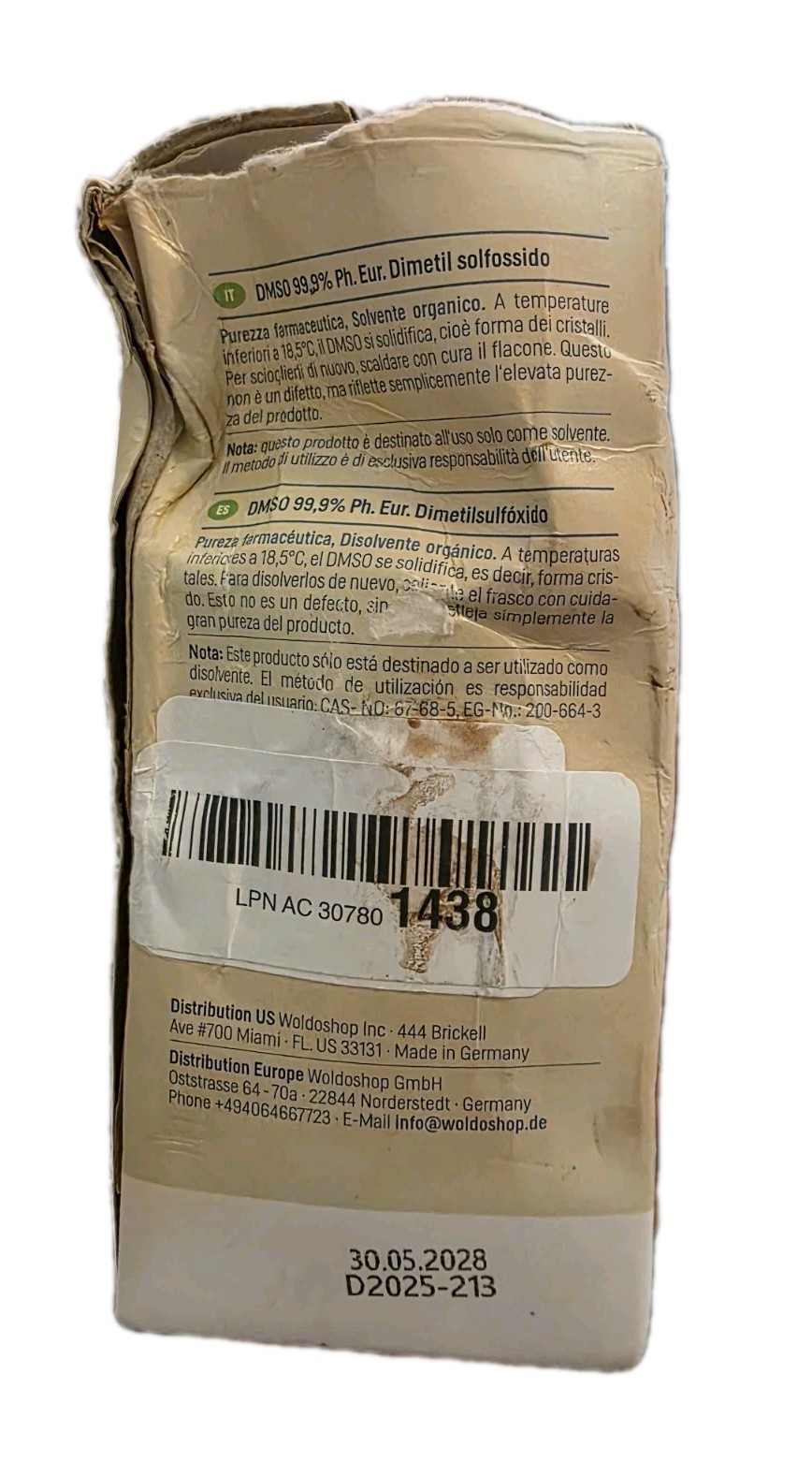 WOLDO HEALTH DMSO Dimethyl Sulfoxide Pharma Grade Organic Solvent 8.45oz 05/2028