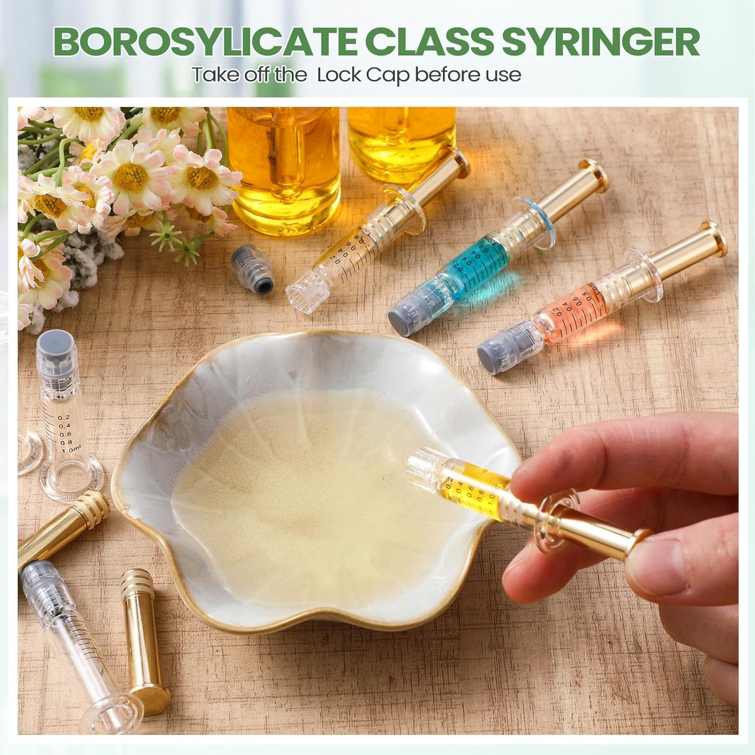Nuanchu 20 Pcs 1Ml Borosilicate Glass Syringes with Gold Metal Plunger, Leakproo