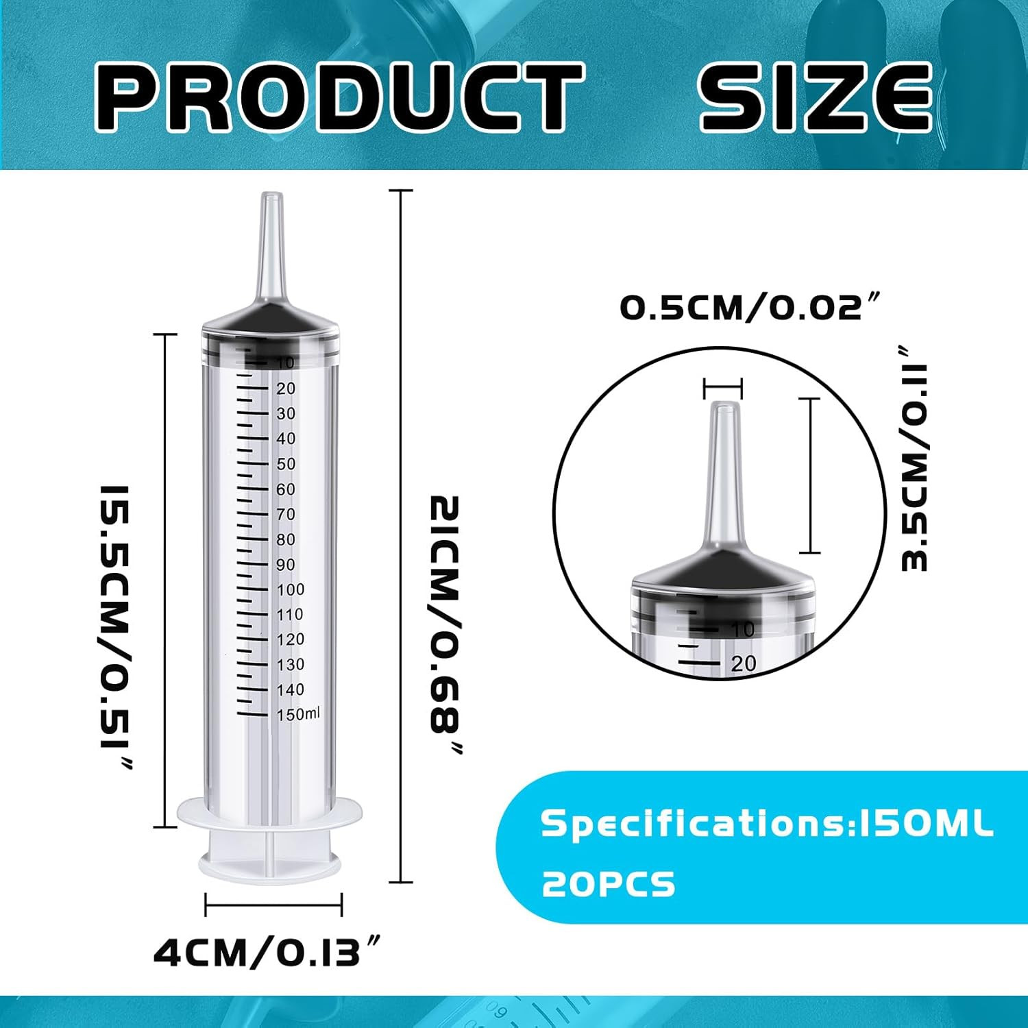 20-Pack 150ml Plastic Syringes Catheter Tip, No Needles, Individually Sealed Set