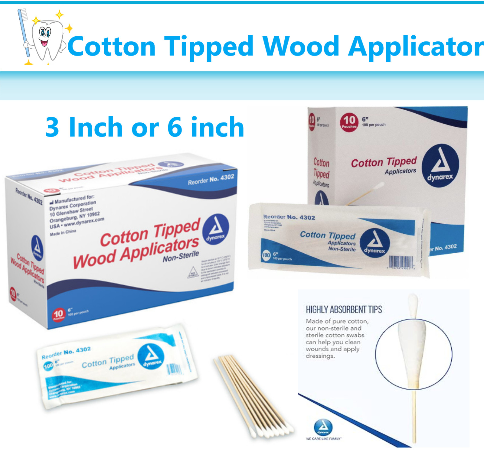 Dynarex Medical Wodden Cotton Tipped Applicator 3 /6″, Non – Sterile Swabs Swab