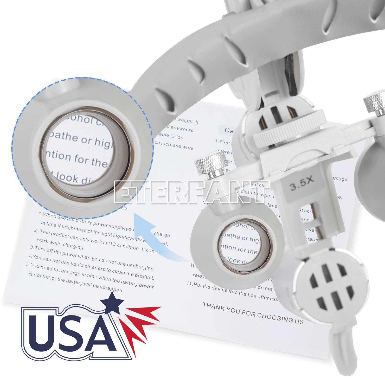 ETERFANT Dental 3.5X Headband Binocular Loupes+5W Dual LED Head Light 2 Leds
