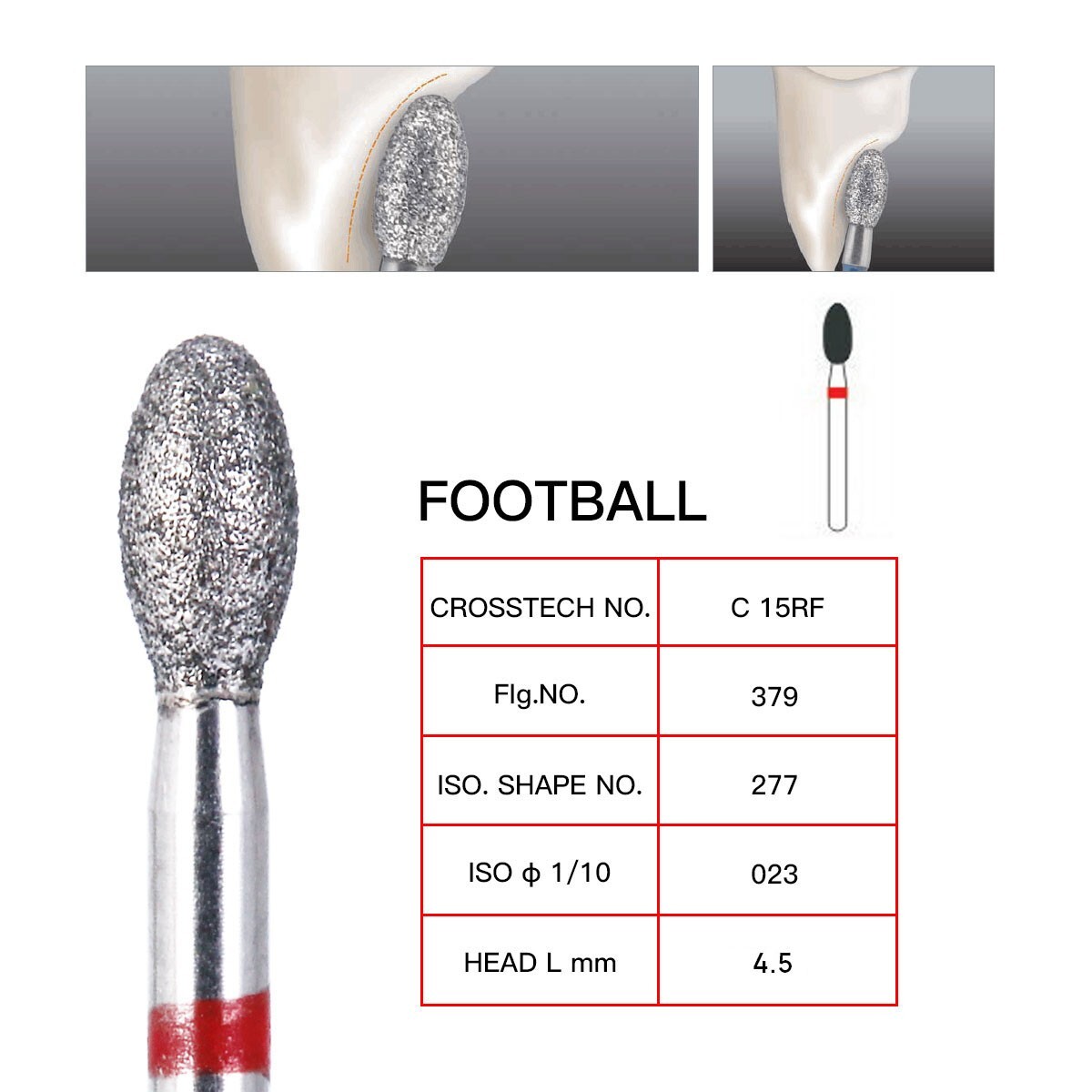 10Pcs Dental Diamond Burs FOOTBALL 379-023F FINE RED DEFEND Friction Grip