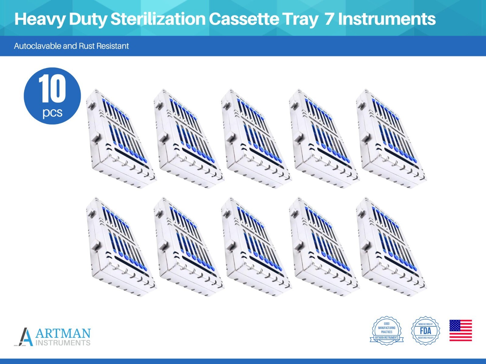 7 Instruments Heavy Duty Sterilization Cassette Tray Pack of 10 ARTMAN