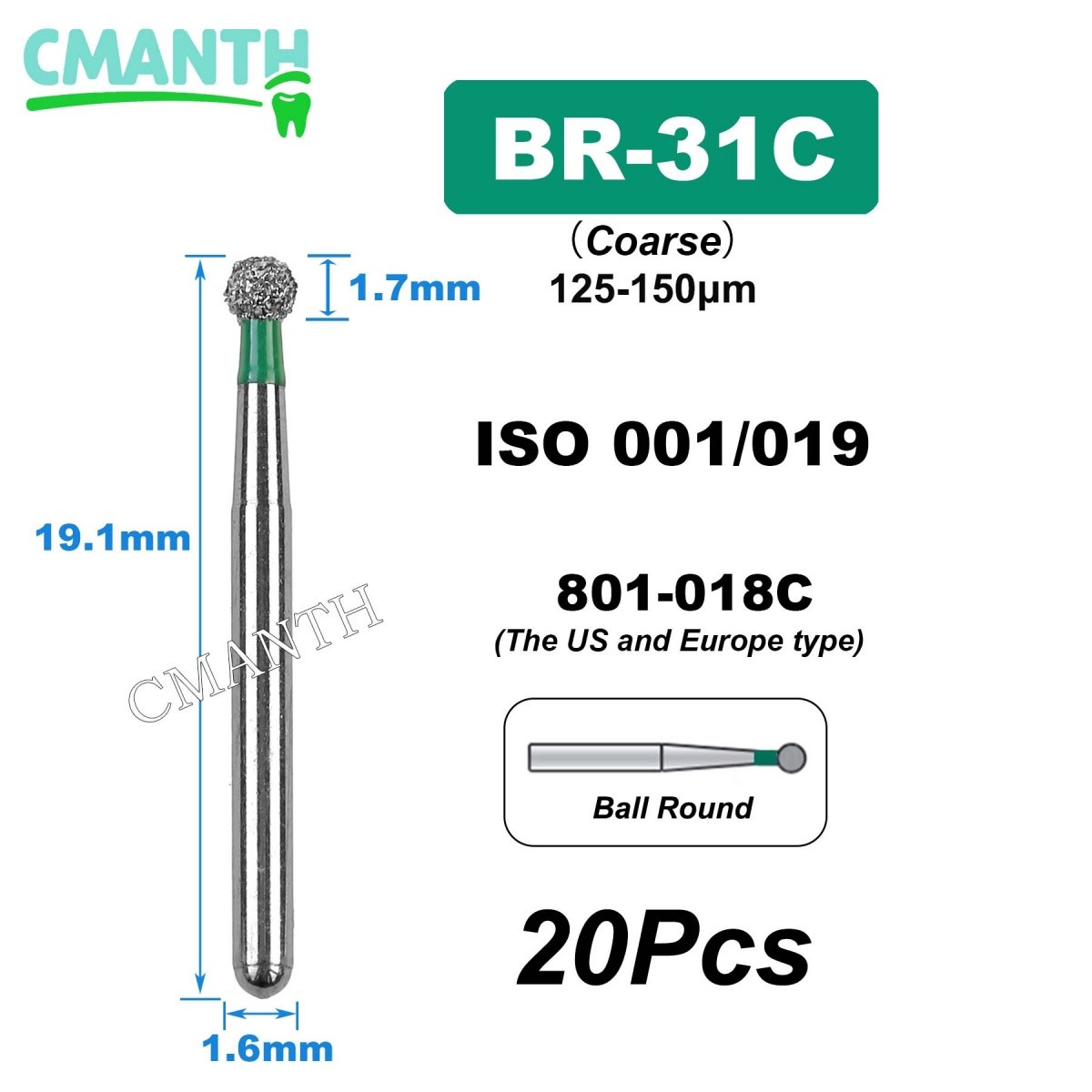 US BR Type Dental Diamond Burs Dentistry Strawberries High Speed Bur 1.6mm 20Pcs