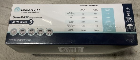 DEMETECH ASTM Level 3, Box of 50, 3 Layer Face Mask W/Ear Loops, Made in USA
