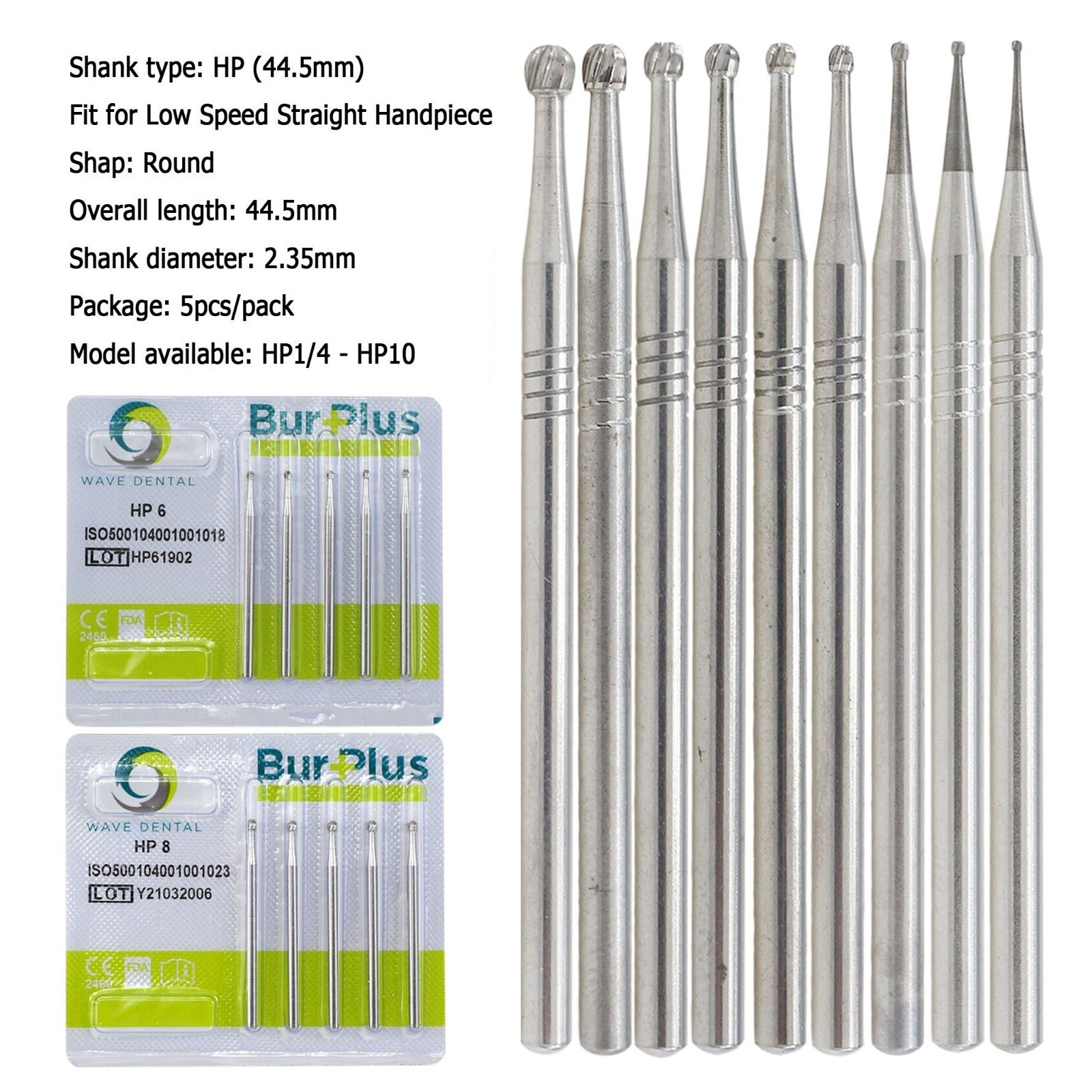 Wave Dental Carbide Bur Round HP 1 2 3 4 5 6 8 10 44.5mm Long Straight Low Speed