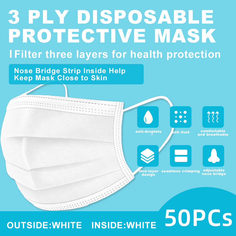 [50 Pcs] White Face Mask Disposable Non Medical Surgical 3-Ply Earloop Mask