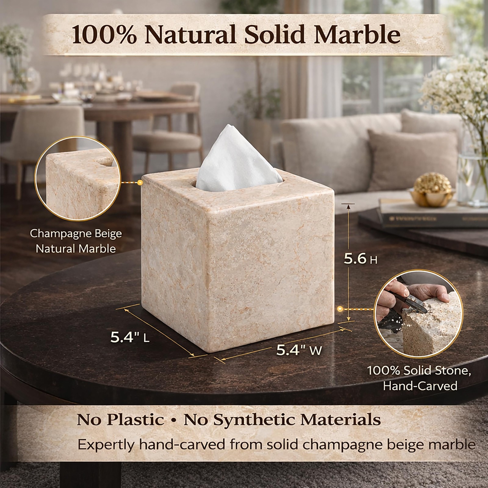 Creative Home Luxury Natural Champagne Marble Tissue Cover Heavy-Duty Square