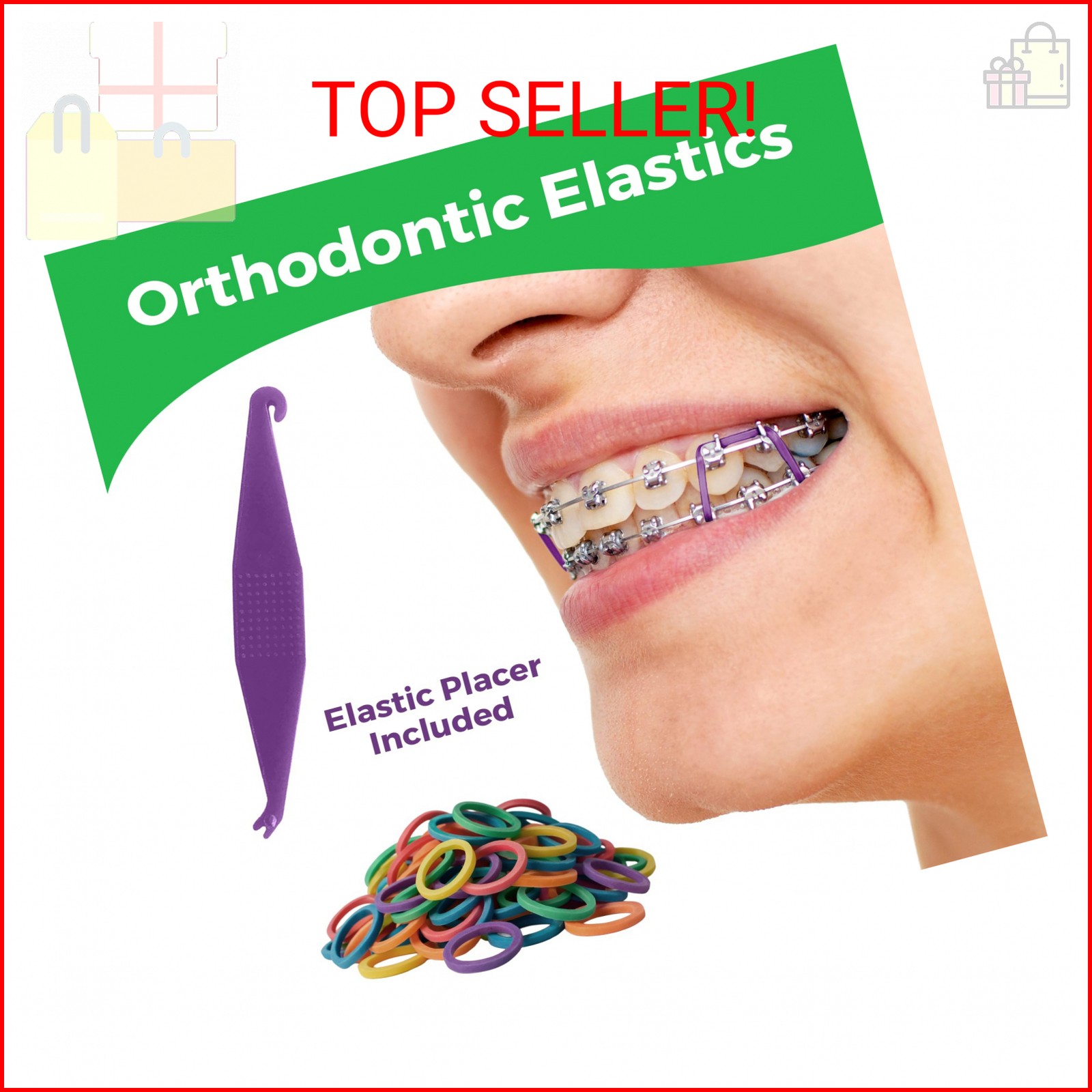 Orthodontic Rubber Bands for Braces 3/16 Heavy Force 4.5 oz – 100 Pack, Neon, El