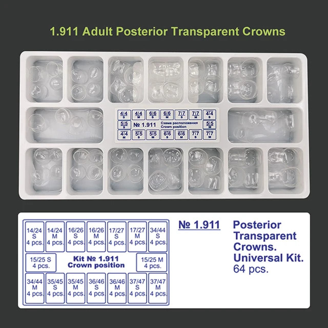 64Pcs Anterior Transparent Crowns Dental Pre-Crowned Temporary Adult Braces Kit
