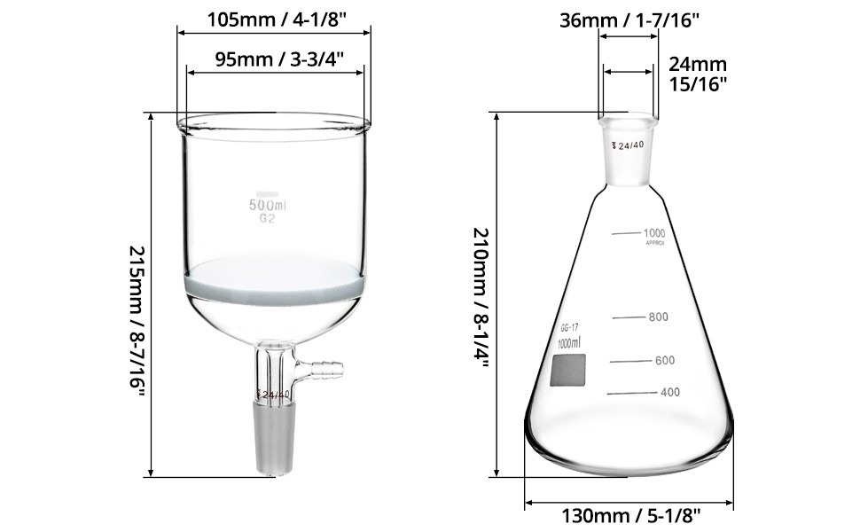 Borosilicate Glass 500ml Buchner Filtering Funnel and 1000 mL Erlenmeyer Flask,