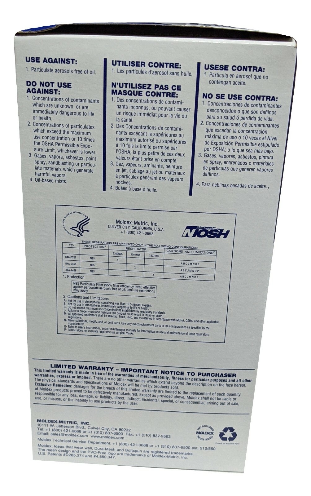 Moldex 2200 series 2201 N95 (N grade 95) respirator size Small EXP 2029 – 20/Box