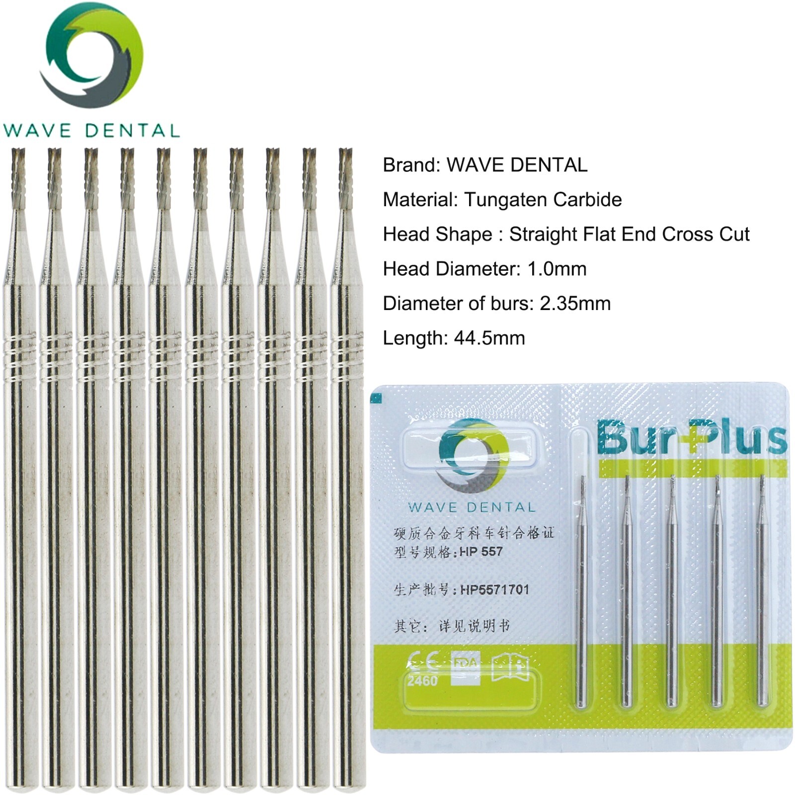 US 10 Pcs WAVE Dental Tungsten Carbide Bur Straight Fissure HP 555 – 563 Prima