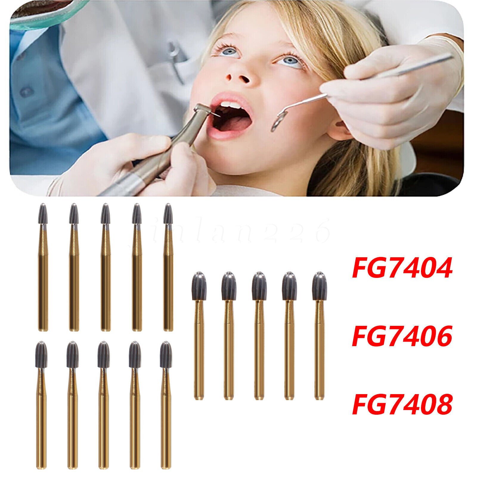Dental Trimming+Finishing Carbide Burs Egg Shape Football Gold FG7404/7406/7408