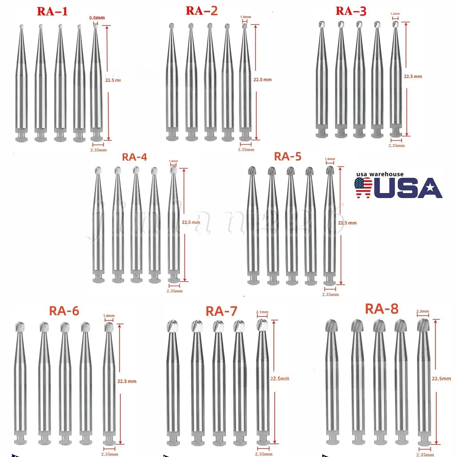 5 Pcs/Pack Dental RA Round Carbide Bur For Slow Speed Latch Type RA 1#-8# USA