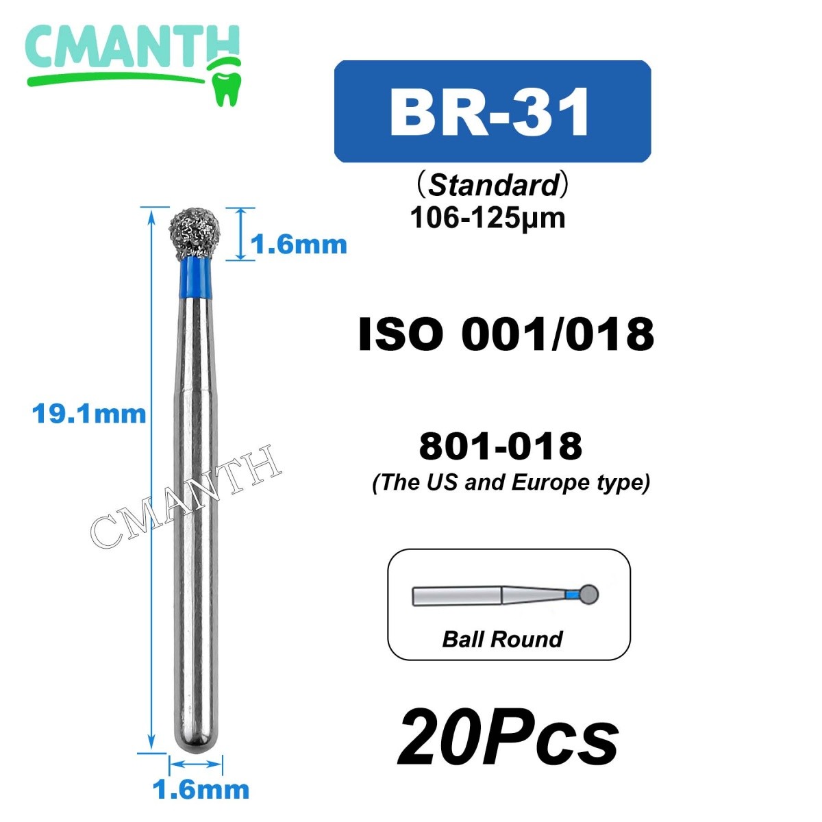 US BR Type Dental Diamond Burs Dentistry Strawberries High Speed Bur 1.6mm 20Pcs