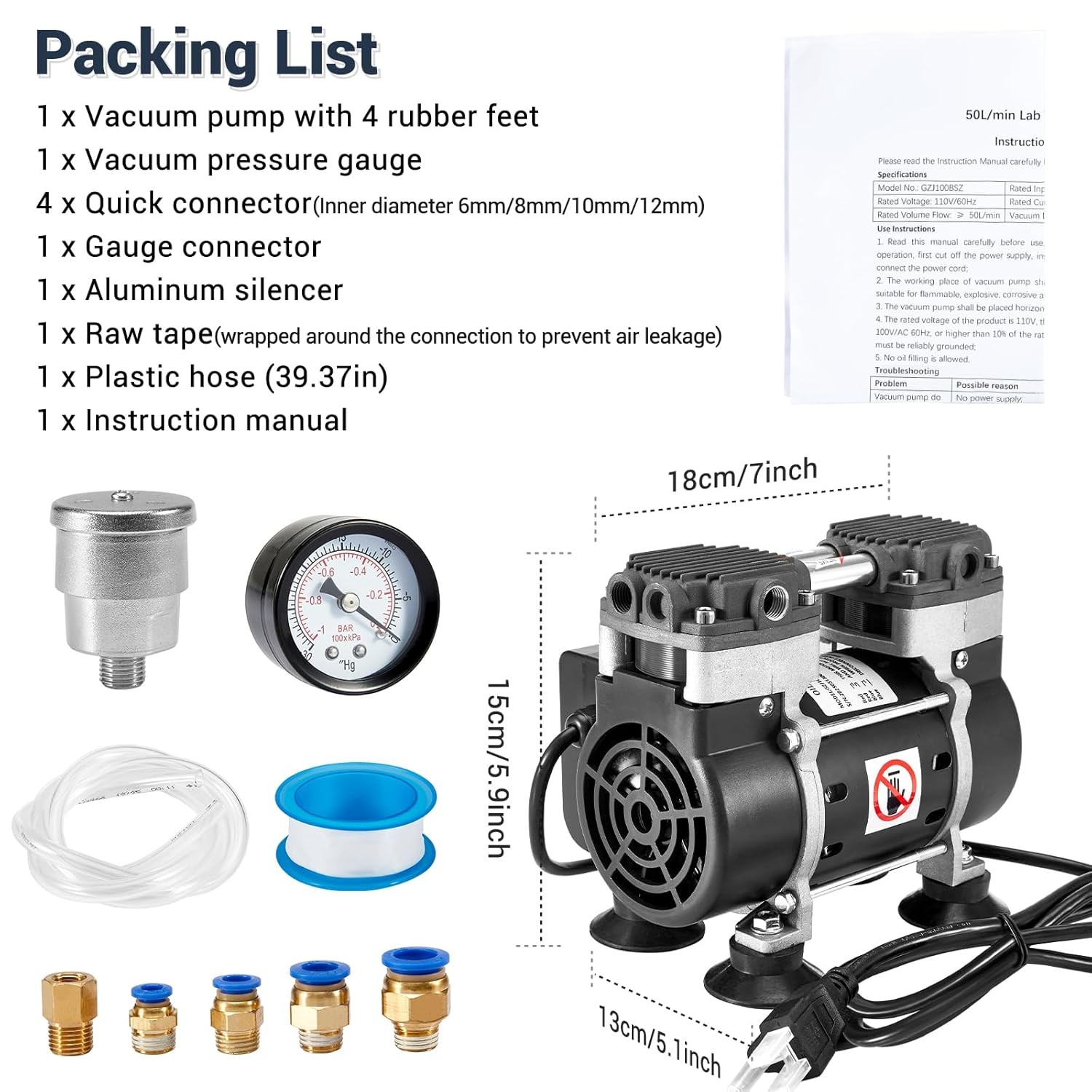 180W 50L/Min Lab Vacuum Pump w/ Capacitor Lab Vacuum Filtration Filtering Funnel