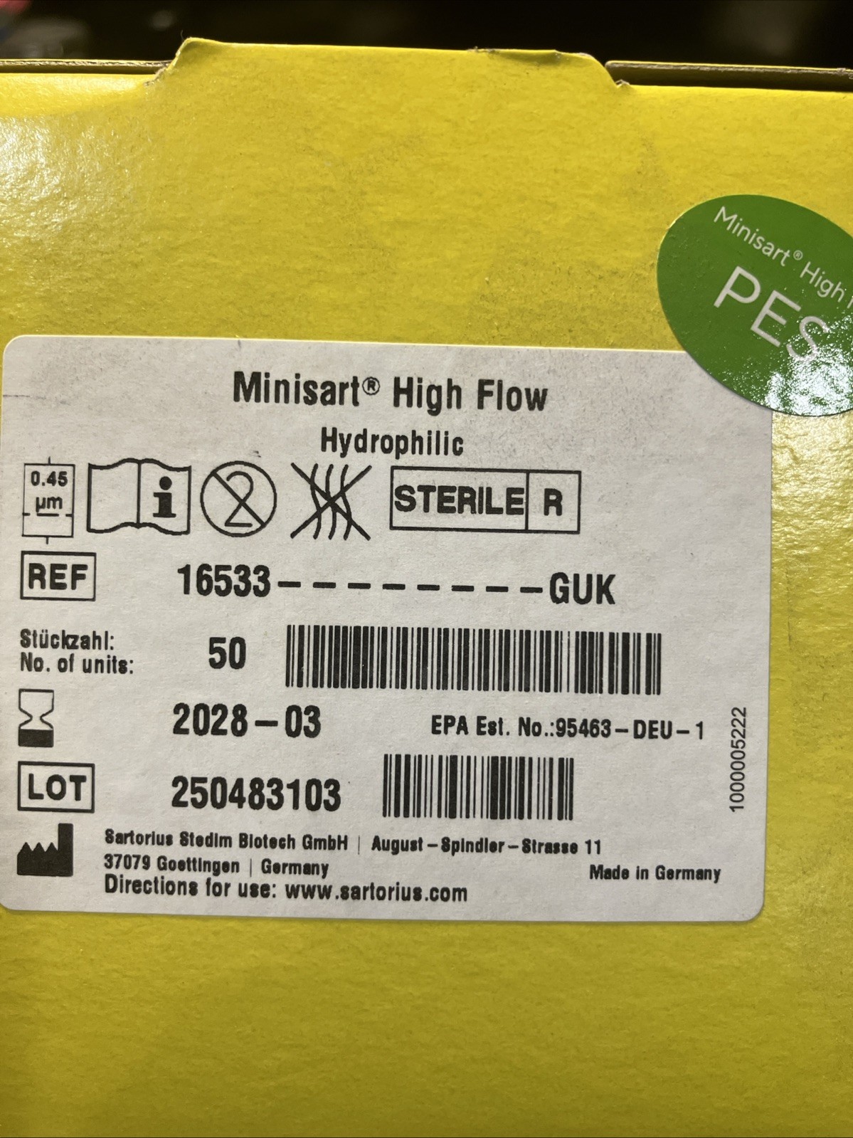 SARTORIUS Minisart High Flow Hydrophilic 0.45 um 16533- GUK (50/pack); EXP 03/28