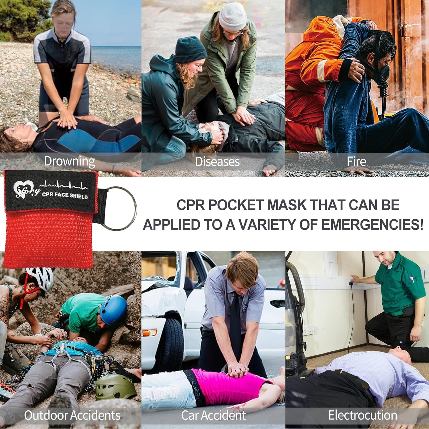 50 Packs CPR Pocket Mask Keychain, CPR Face Shield with One Way Valve Breathi…
