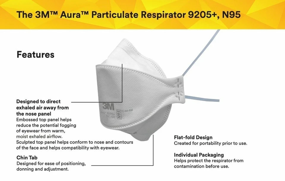 3M N95 NIOSH Approved Particulate Respirator Face Mask 9205+ AURA *USA* Pack 100