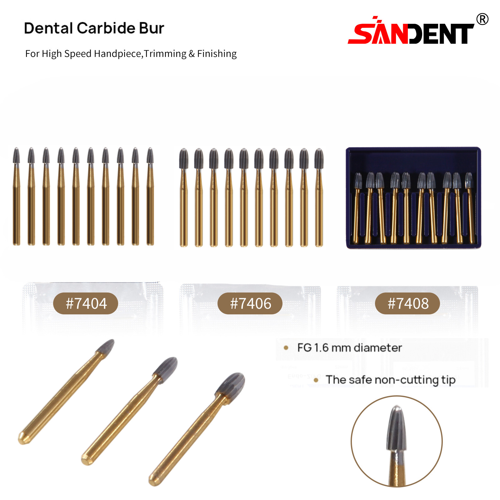 Dental Trimming& Finishing Carbide Burs Egg Shape Football Gold FG7404/7406/7408