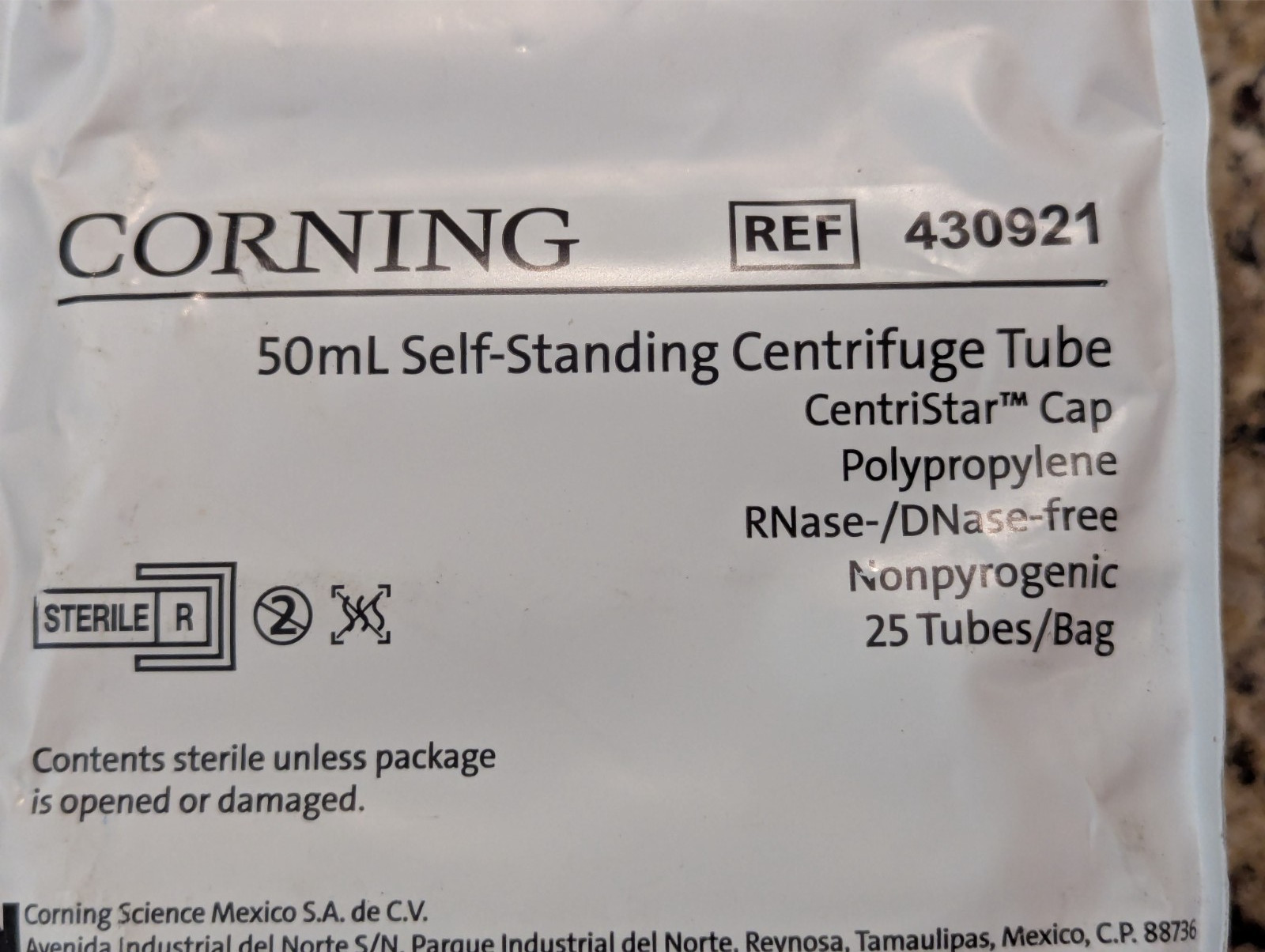 Corning 50ml Self Standing Centrifuge Tube REF 430921 Polypropylene 25 tubes