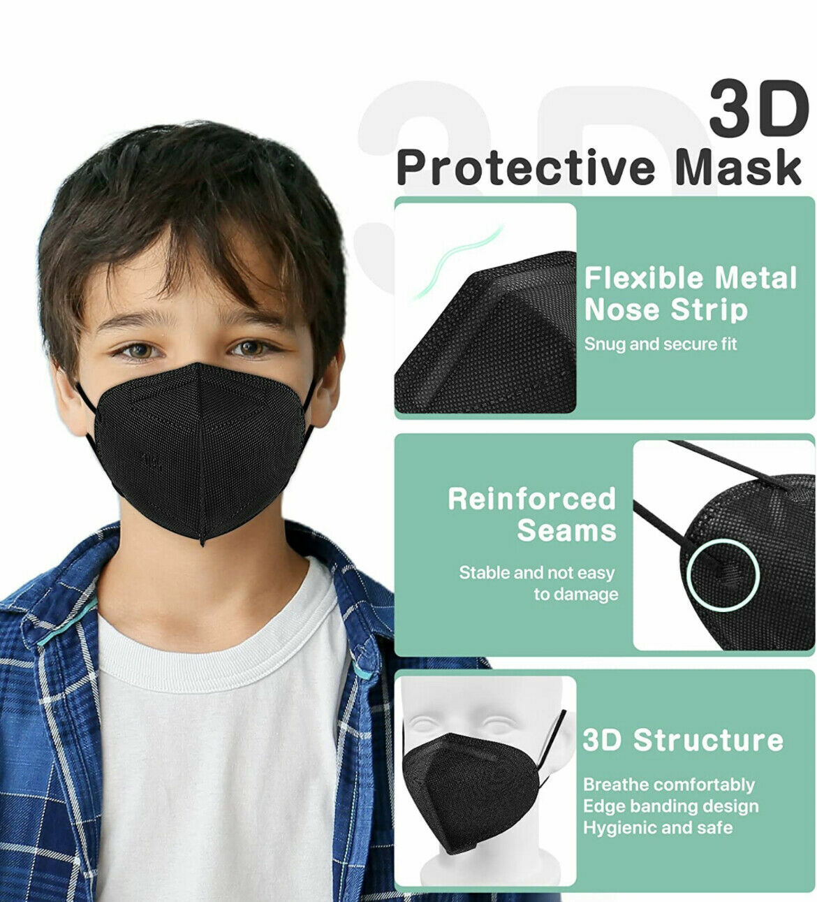 10/50 Pcs Black KN95 Protective 5 Layer Kids Face Mask BFE 95% Disposable Masks