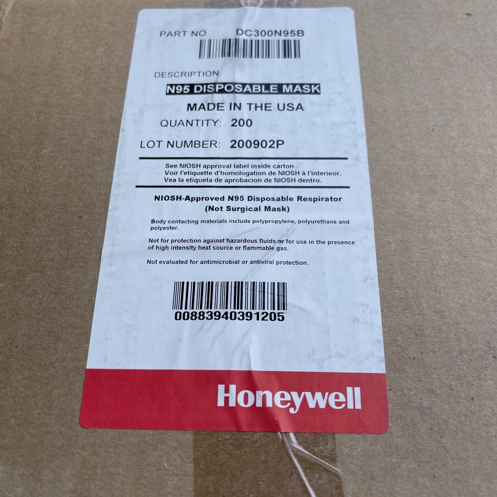 Honeywell N95 DC300N95B Respirator Particulate Masks Disposable NIOSH, 200/Case.