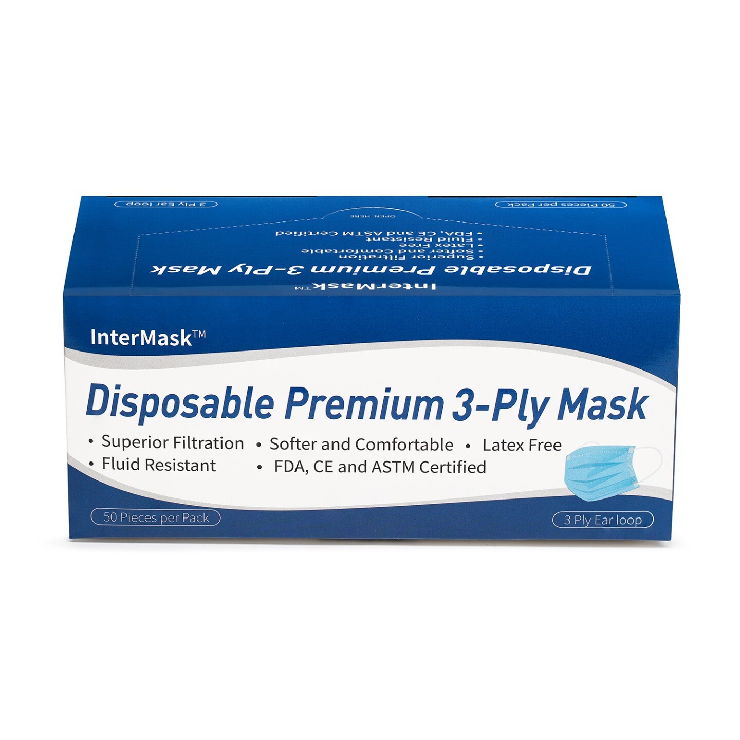 InterMask Disposable Premium 3-Ply Mask, ASTM Level 3, Box of 50