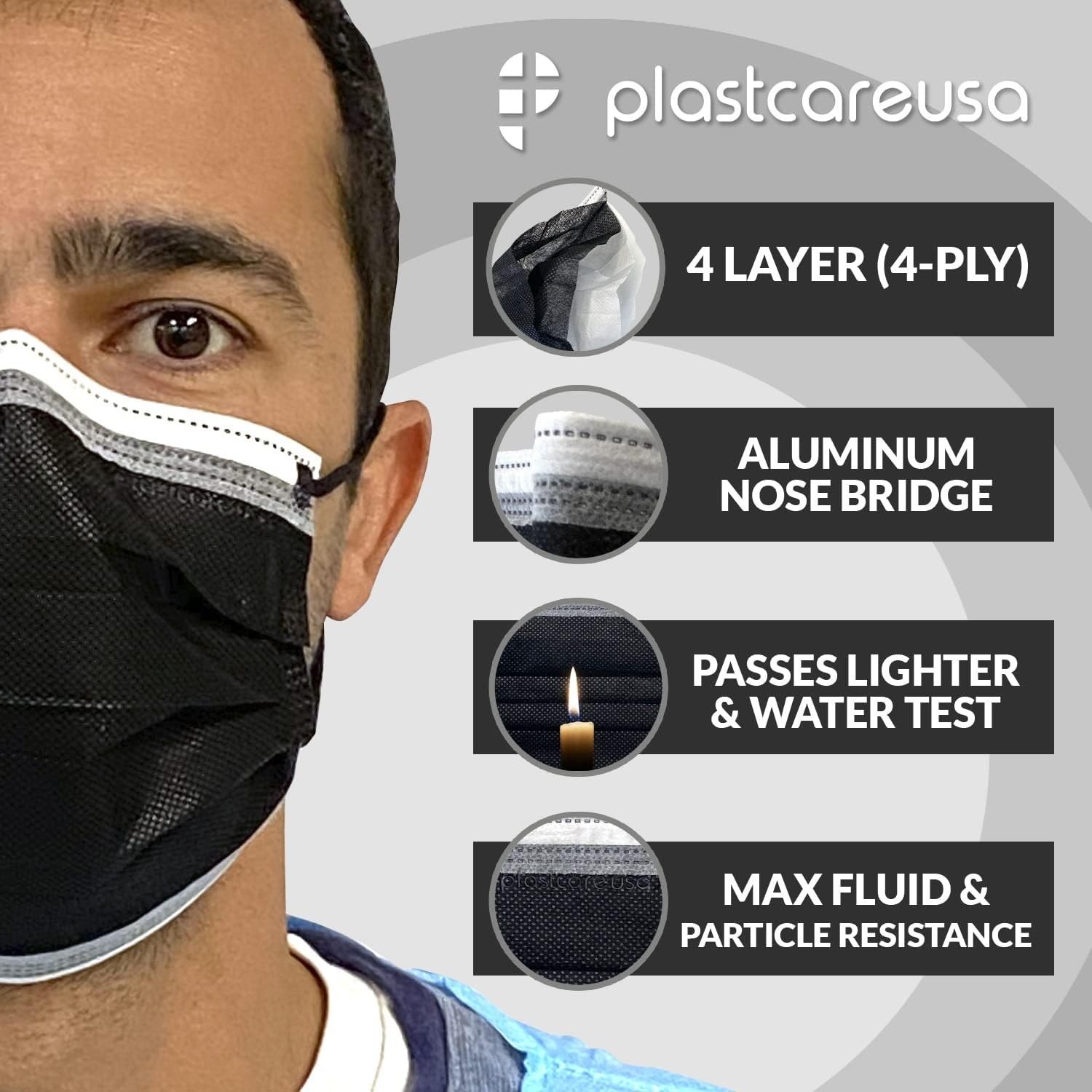 Comfortable Black Face Masks – ASTM Level 3, 4-Ply, Adjustable Fit, 50 Pack