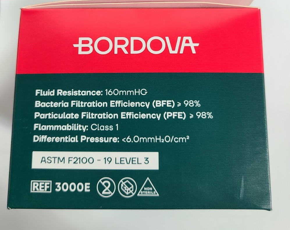 1000 pcs Bordova Earloop Face Masks, ASTM F2100-19 Level 3 – 98% BFE, PFE