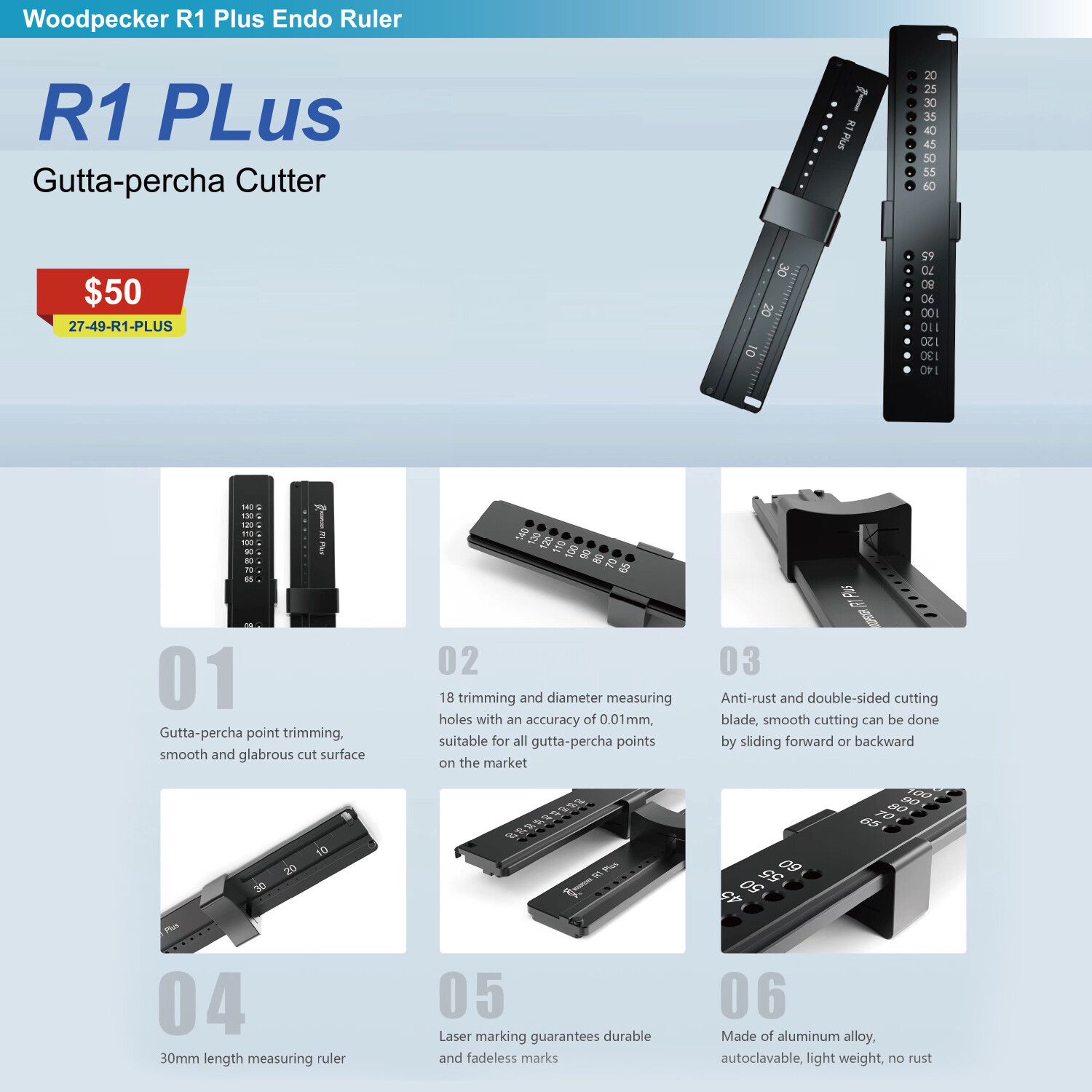 Woodpecker R1 Plus Gutta Percha Ruler Endo Calibrator Aluminum Alloy 1 Year Warr