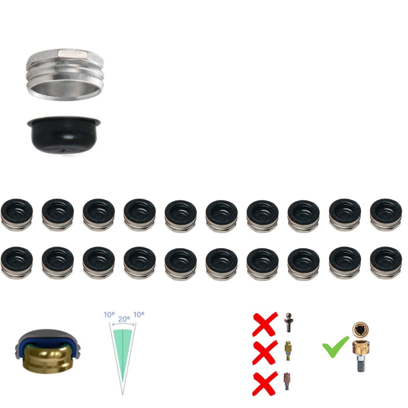 20Pcs-Dental Locator lab Black Processing cap Inserts & Metal housing Assembly